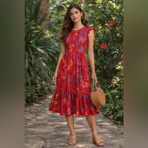 Lost + Wander Red Floral Smocked Midi Dress NWT Size XS Boho Romantic